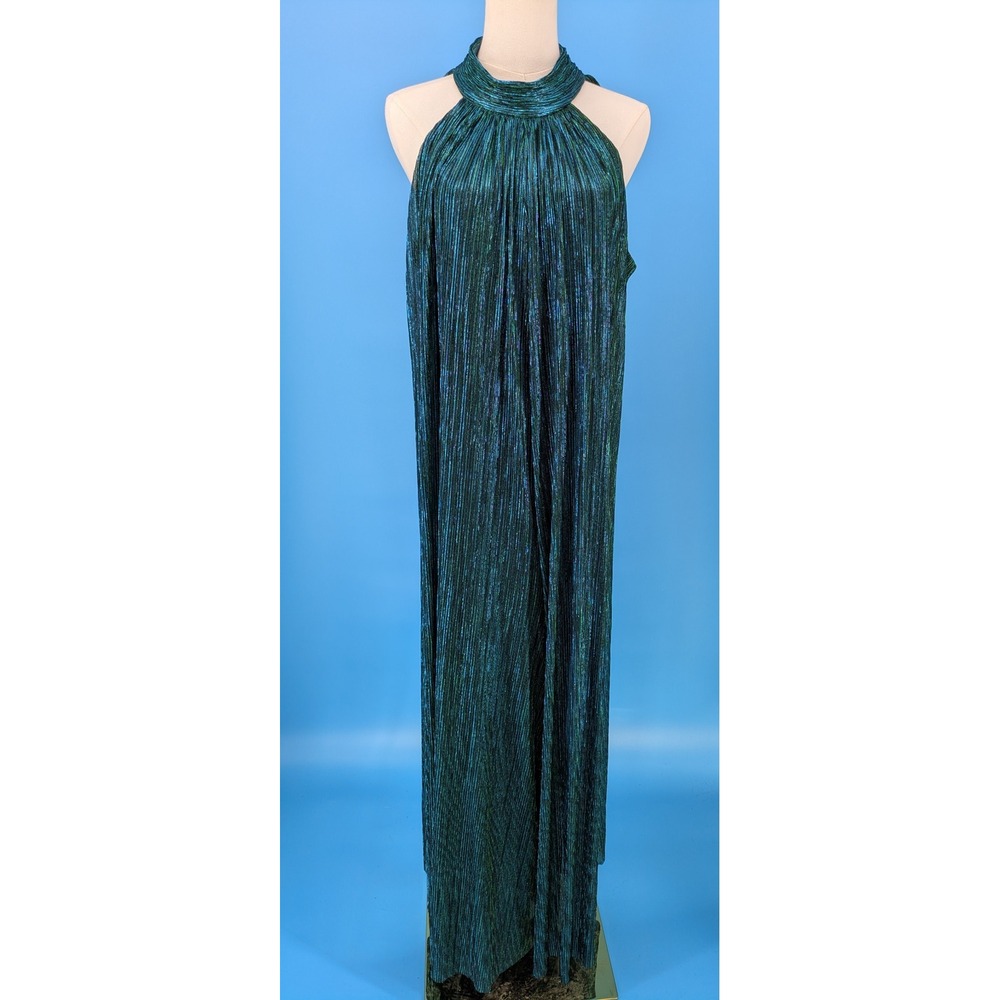 MSK Metallic Jumpsuit Women 1X Teal Halter Pleated Wide Leg Party Formal Cruise